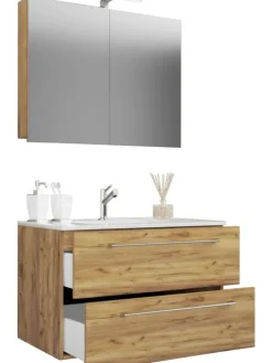 3-tlg. Waschplatz Waschtisch Badinos Schublade SC in Honig-Eiche