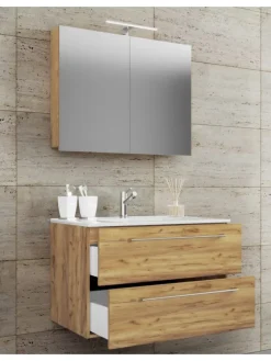 3-tlg. Waschplatz Waschtisch Badinos Schublade SC in Honig-Eiche