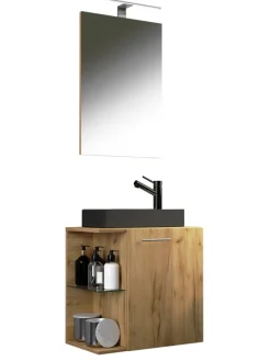 3-tlg Waschtisch Hausa Spiegel Toilette Schwarz in Honig-Eiche