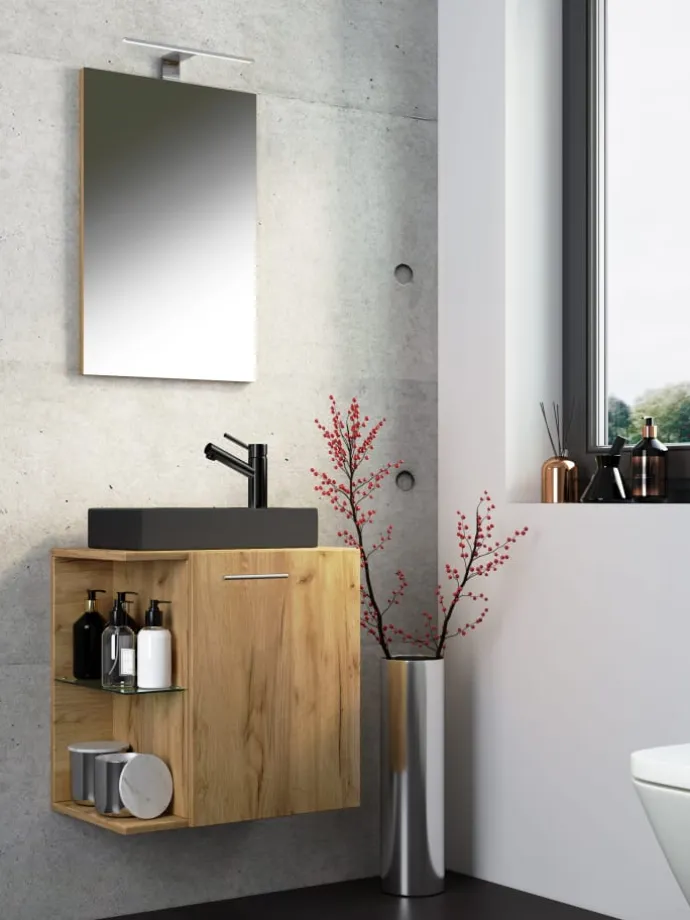 3-tlg Waschtisch Hausa Spiegel Toilette Schwarz in Honig-Eiche