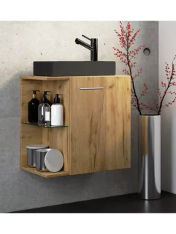 2-tlg Waschtisch Hausa Toilette schmal Schwarz in Honig-Eiche