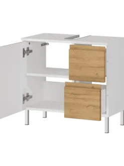 Unterschrank für Waschbecken, Weiß-Eiche, 60x34x56 cm, mit Chromfüßen