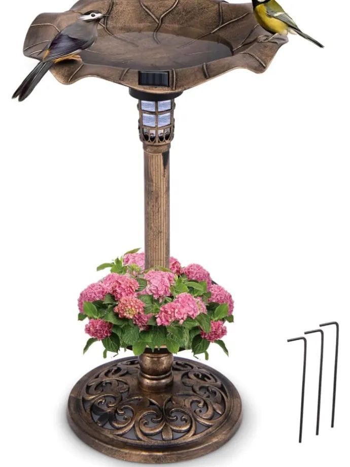 Vogeltränke mit Solarleuchte in Bronze