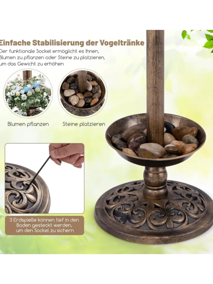 Vogeltränke mit Solarleuchte in Bronze
