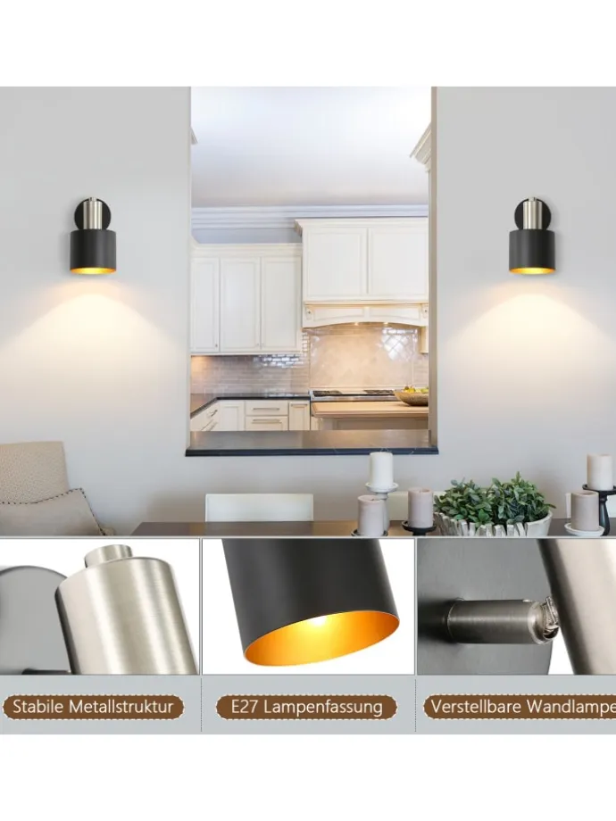 Wandleuchte 1-flammige E27 in schwarzgold drehbar 330° mit Schalter Metall