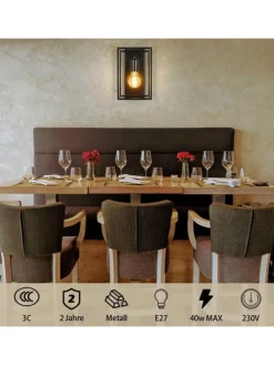 Wandleuchte in schwarz 1-flammige E27 rechteckig vintage Metall MAX.40W