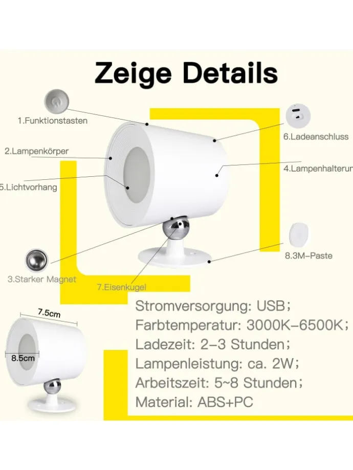 Wandleuchte in weiß 1-flammige akku 360° Drehbar