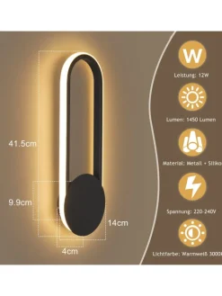 Wandleuchte LED in schwarz 12W Modern 3000K warmweiß Hallampe L 41.5cm