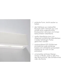 Wandleuchte VEGA in Keramik weiß rechteckig moderne lampe E27 LED NICE LAMPS