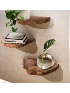 Wandregal 3er Set Vollholz Hängeregal Baumscheibe, Natur