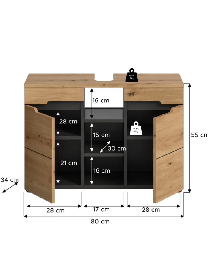 Waschbeckenunterschrank in Basalt grau/Artisan Eiche - (B) 80 x (H) 55 x (T) 34