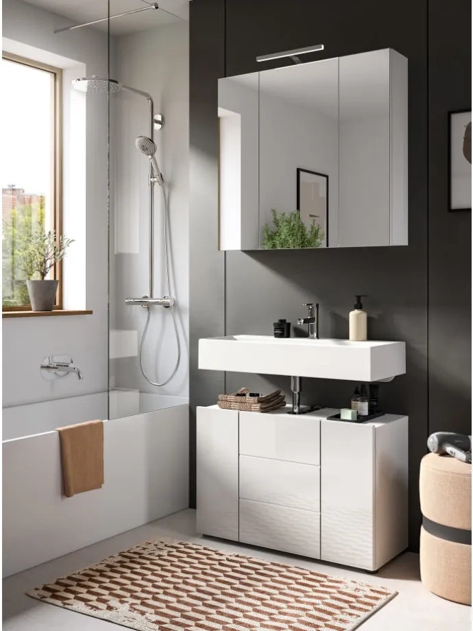 Waschbeckenunterschrank in weiß/weiß hochglanz - (B) 82 x (H) 56 x (T) 34