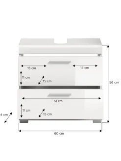 Waschbeckenunterschrank in weiß/weiß hochglanz - (B) 60 x (H) 56 x (T) 37