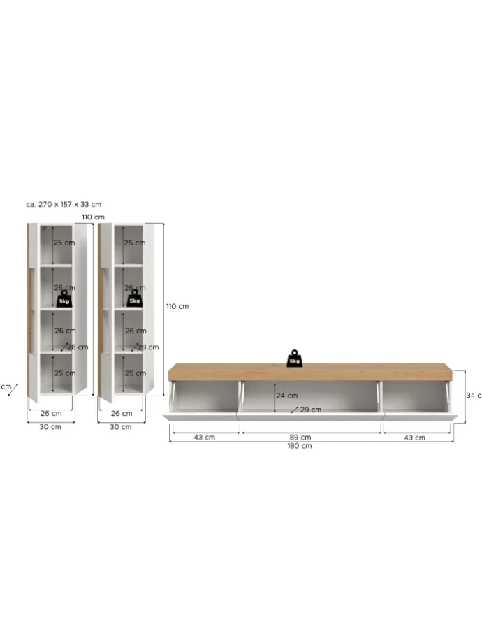 Wohnkombination (B/H/T: 270x34x33 cm) in weiß