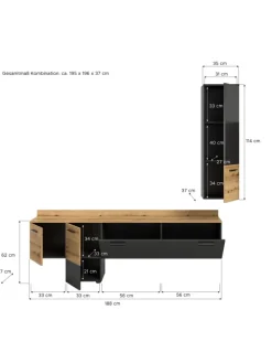 Wohnwand (B/H/T: 195x196x37 cm) in Grau inkl. Rückwandbeleuchtung
