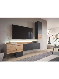 Wohnwand (B/H/T: 195x196x37 cm) in Grau inkl. Rückwandbeleuchtung