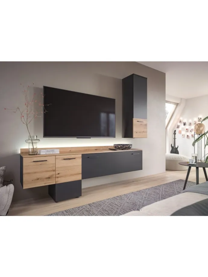 Wohnwand (B/H/T: 195x196x37 cm) in Grau inkl. Rückwandbeleuchtung