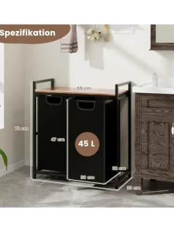 Wäschekorb 2 Fächer 90L in Schwarz