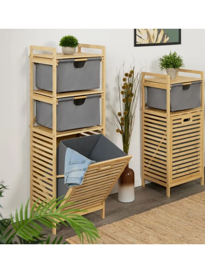 Wäschekorb in Natur/ Grau - (B)40 x (H)120 x (T)33 cm