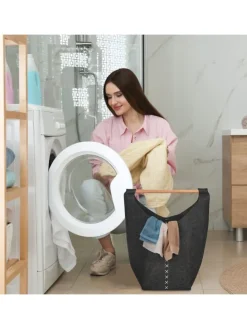 Wäschesammler in Dunkelgrau/ Natur - (B)62 x (H)68 x (T)34,5 cm