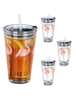 4x Glasbecher "Flamingo" in Transparent/ Pink - 450 ml