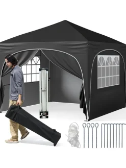 3x3 m Faltpavillon mit 4 Seitenwänden in Schwarz