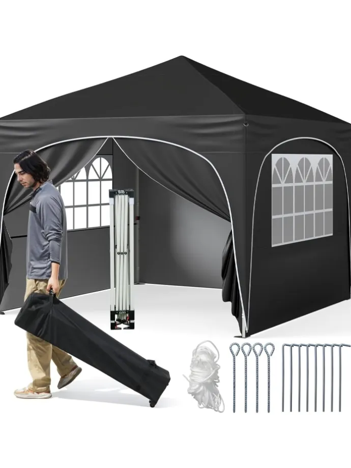 3x3 m Faltpavillon mit 4 Seitenwänden in Schwarz