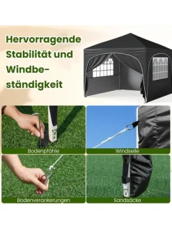 3x3 m Faltpavillon mit 4 Seitenwänden in Schwarz