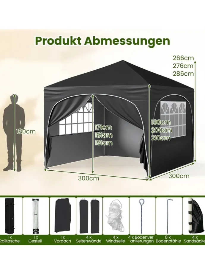 3x3 m Faltpavillon mit 4 Seitenwänden in Schwarz