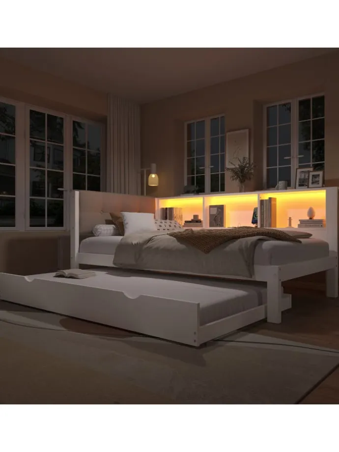 90x200cm Einzelbett Tagesbett ausziehbar mit LED