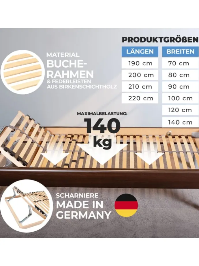 7-Zonen Lattenrost Kopfteil verstellbar 90x200 cm in Natur
